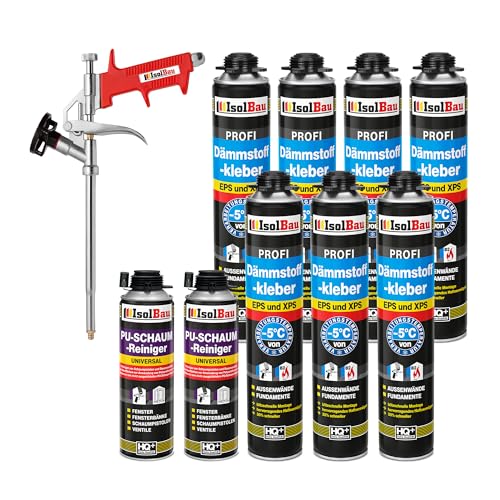Isolbau B2 Dämmstoffkleber SET - 7 x 750 ml Perimeterkleber, 2 x PU-Schaum-Reiniger & 1x Schaumpistole für EPS & XPS-Platten - 1K PU-Klebeschaum für Fixieren und Isolieren von Isolbau