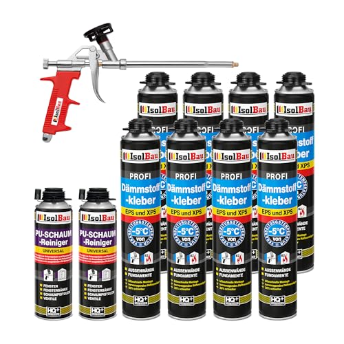 Isolbau B2 Dämmstoffkleber SET - 8 x 750 ml Perimeterkleber, 2 x PU-Schaum-Reiniger & 1x Schaumpistole für EPS & XPS-Platten - 1K PU-Klebeschaum für Fixieren und Dämmung von Isolbau