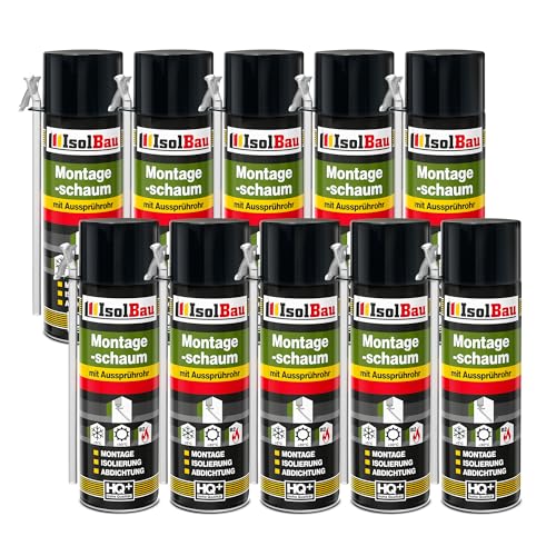 Isolbau B2 Montageschaum mit Aussprührohr - 10 x 500 ml PU-Bauschaum für Montage, Isolierung, Abdichtung, Innen & außen von Isolbau