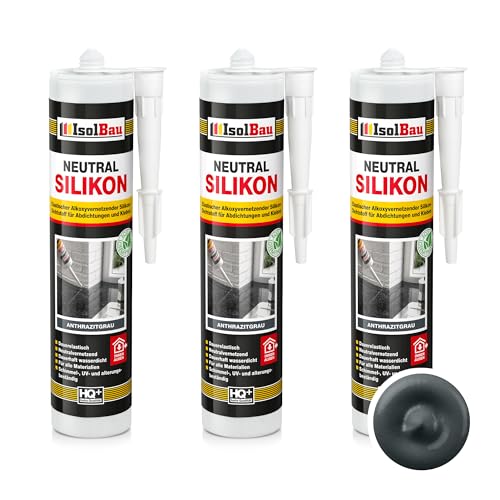 Isolbau - Bau-Silikon - Neutralsilikon 3 x 300 ml AnthrazitGrau - Abdichtung und Kleben - Natursteinsilikon - Füllen von Fugen im Innen- und Außenbereich - Für Küchen und Bade - Neutralvernetzend von Isolbau