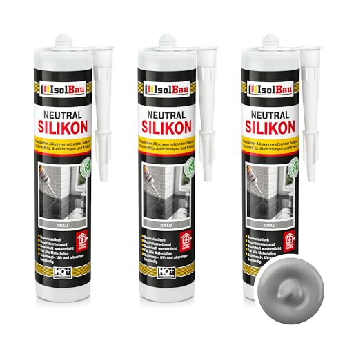 Isolbau - Bau-Silikon - Neutralsilikon 3 x 300 ml Grau - Abdichtung und Kleben - Natursteinsilikon - Füllen von Fugen im Innen- und Außenbereich - Für Küchen und Bade - Neutralvernetzend von Isolbau