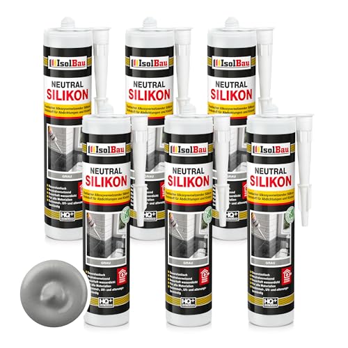 Isolbau - Bau-Silikon - Neutralsilikon 6 x 300 ml Grau - Abdichtung und Kleben - Natursteinsilikon - Füllen von Fugen im Innen- und Außenbereich - Für Küchen und Bade - Neutralvernetzend von Isolbau