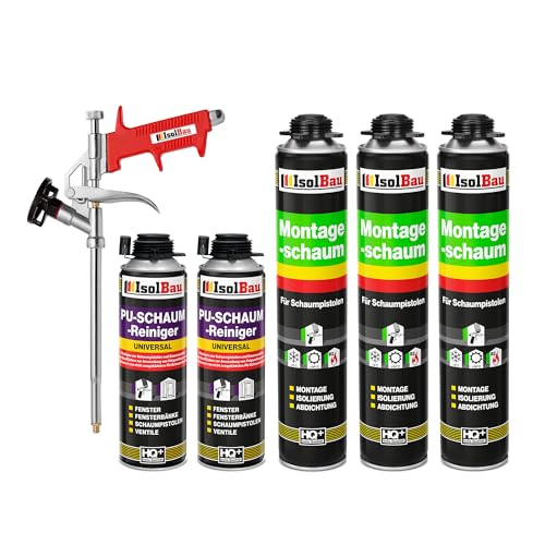 Isolbau Bauschaum-Set - Inkl. 3 x 1K Montageschaum B2 Pistolenschaum mit hervorragender Schall und Wärmedämmung (je 750 ml), 2 x PU-Schaum-Reiniger (500 ml) & 1 x Schaumpistole, Verfüllen von Isolbau