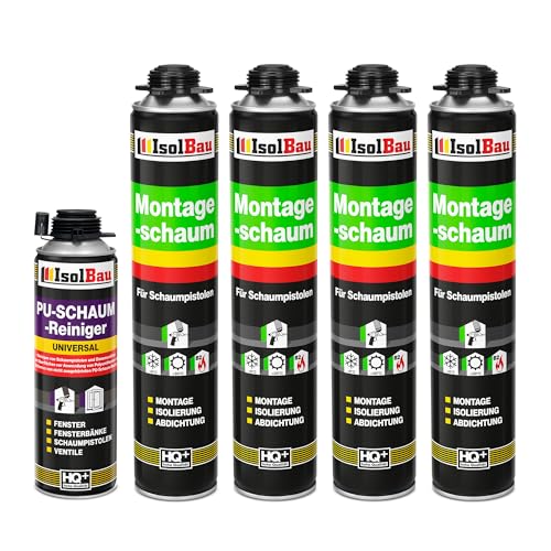 Isolbau Bauschaum-Set - Inkl. 4 x 1K Montageschaum B2 Pistolenschaum mit hervorragender Schall und Wärmedämmung (je 750 ml) & 1 x PU-Schaum-Reiniger (500 ml), Verfüllen von Isolbau