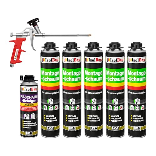 Isolbau Bauschaum-Set - Inkl. 5 x 1K Montageschaum B2 Pistolenschaum mit hervorragender Schall und Wärmedämmung (je 750 ml), 1 x PU-Schaum-Reiniger (500 ml) & 1 x Schaumpistole, Abdichten von Isolbau