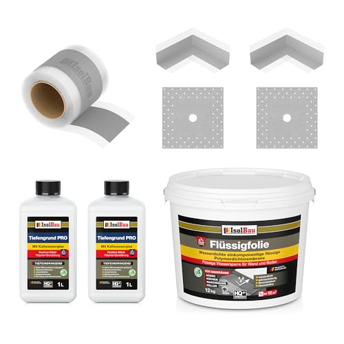Isolbau Dicht-Set - Inkl. 1x Flüssigfolie (12 kg), 2L Tiefengrund PRO, 1x Dichtband (10 m), 2x Innenecken & 2x Manschetten von Isolbau