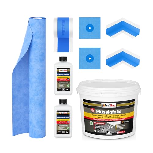 Isolbau Dicht-Set - Inkl. 1x Flüssigfolie (12 kg), 2x Tiefengrund PRO (1 L), 1x Dichtband (10 m), 1x Dichtbahn (2 m), 2x Innenecken & 2x Manschetten von Isolbau