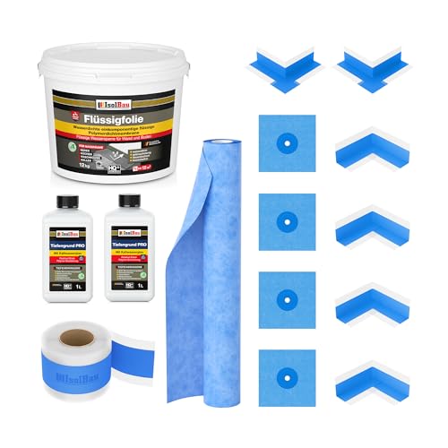 Isolbau Dicht-Set - Inkl. 1x Flüssigfolie (12 kg), 2x Tiefengrund PRO (1 L), 1x Dichtband (20 m), 1x Dichtbahn (2 m), 4x Innenecken, 2x Außenecken & 4x Manschetten von Isolbau