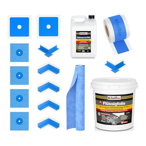 Isolbau Dicht-Set - Inkl. 1x Flüssigfolie (25 kg), 1x Tiefengrund PRO (5 L), 1x Dichtband (30 m), 1x Dichtbahn (10 m), 4x Innenecken, 2x Außenecken, 4x Manschetten 120mm & 2x Manschetten 150mm von Isolbau