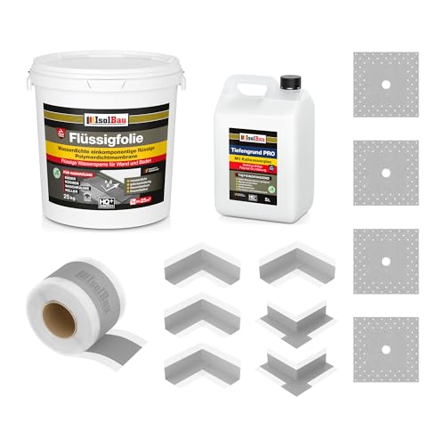Isolbau Dicht-Set - Inkl. 1x Flüssigfolie (25 kg), 5L Tiefengrund PRO, 1x Dichtband (20 m), 4x Innenecken, 2x Außenecken & 4x Manschetten von Isolbau