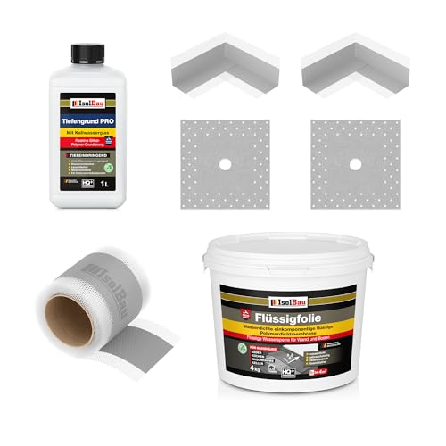 Isolbau Dicht-Set - Inkl. 1x Flüssigfolie (4 kg), 1L Tiefengrund PRO, 1x Dichtband (5 m), 2x Innenecken & 2x Manschetten von Isolbau