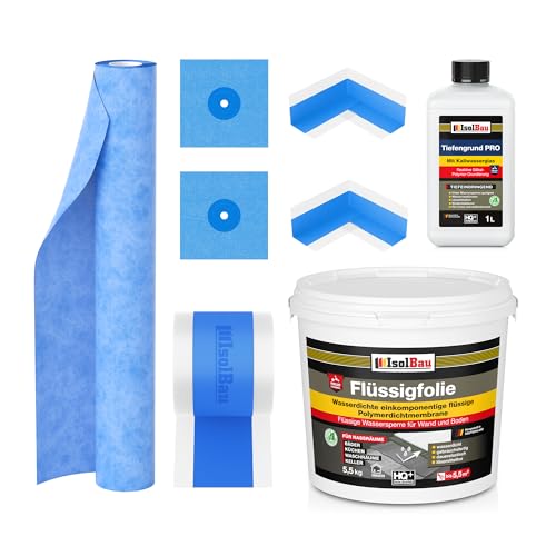 Isolbau Dicht-Set - Inkl. 1x Flüssigfolie (5,5 kg), 1x Tiefengrund PRO (1 L), 1x Dichtband (5 m), 1x Dichtbahn (1 m), 2x Innenecken & 2x Manschetten von Isolbau