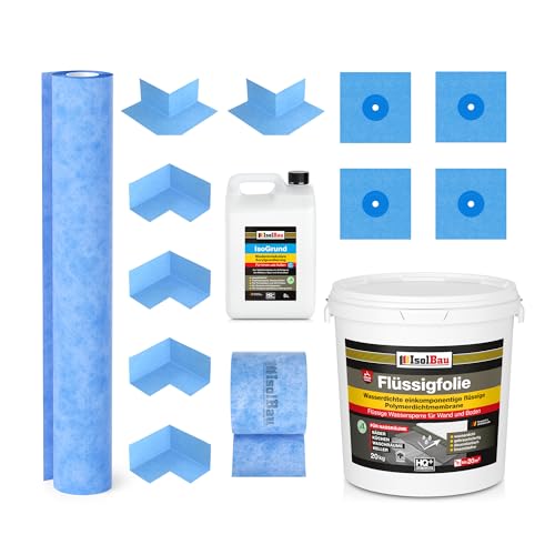 Isolbau Dichtset - Inkl. 1x Flüssigfolie (20 kg), 1x IsoGrund (5 L), 1x Dichtband (15 m), 1x Dichtbahn (3 m), 4x Innenecken, 2x Außenecken & 4x Manschetten - MPA von Isolbau