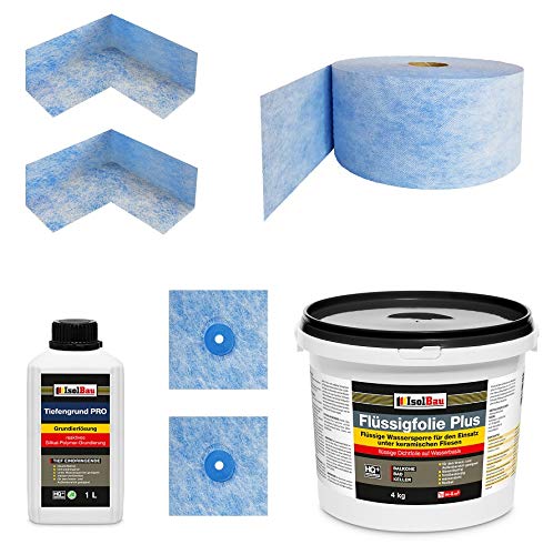 Isolbau Dichtset - Inkl. 1x Flüssigfolie PLUS (4 kg), 1x Tiefengrund PRO (1L), 1x Dichtband (5 m), 2x Innenecken & 2x Manschetten von Isolbau