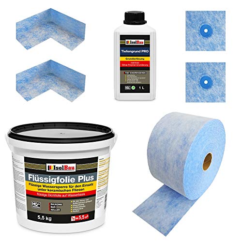 Isolbau Dichtset - Inkl. 1x Flüssigfolie PLUS (5,5 kg), 1x Tiefengrund PRO (1L), 1x Dichtband (5 m), 2x Innenecken & 2x Manschetten von Isolbau