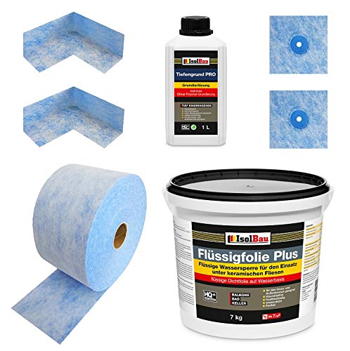 Isolbau Dichtset - Inkl. 1x Flüssigfolie PLUS (7 kg), 1x Tiefengrund PRO (1L), 1x Dichtband (5 m), 2x Innenecken & 2x Manschetten von Isolbau