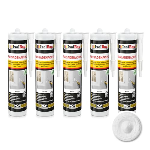 Isolbau Fassadenacryl 5 x 300 ml Weiß - Acryl-Dichtstoff mit Körnung zum Füllen von Rissen & Fugen im Innen- & Außenbereich - Kartusche von Isolbau