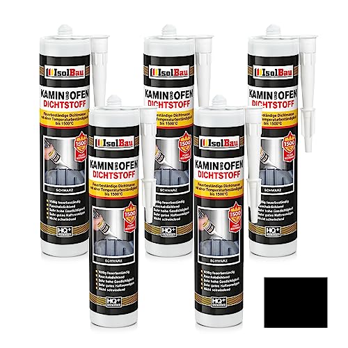 Isolbau Kamin & Ofen Dichtstoff 5 x 300 ml Tube - Feuerbeständige Dichtmasse bis 1500 °C - Für Reparatur & Füllung von Rissen in Kaminen & Öfen – Schwarz, Kartusche von Isolbau