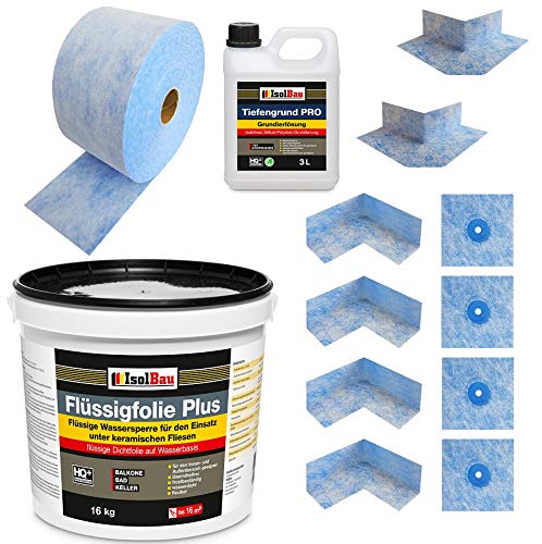 Isolbau Komplett-Dichtset - Inkl. 1x Flüssigfolie PLUS (16 kg), 1x Tiefengrund PRO (3L), 1x Dichtband (20 m), 4x Innenecken, 2x Außenecken & 4x Manschetten von Isolbau