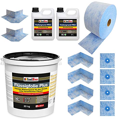 Isolbau Komplett-Dichtset - Inkl. 1x Flüssigfolie PLUS (20 kg), 2x Tiefengrund PRO (je 2L), 1x Dichtband (20 m), 4x Innenecken, 2x Außenecken & 4x Manschetten von Isolbau