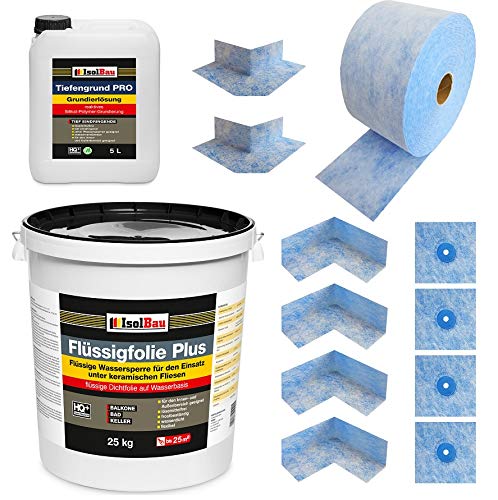 Isolbau Komplett-Dichtset - Inkl. 1x Flüssigfolie PLUS (25 kg), 1x Tiefengrund PRO (5L), 1x Dichtband (25 m), 4x Innenecken, 2x Außenecken & 4x Manschetten von Isolbau