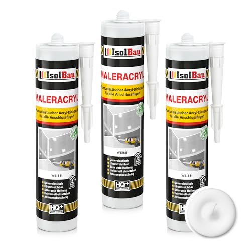 Isolbau Maleracryl 3 x 300 ml Weiß - Plastoelastischer Acryl-Dichtstoff zum Abdichten von Fugen im Innen- & Außenbereich - Kartusche von Isolbau