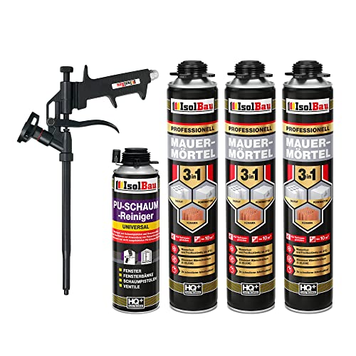Isolbau Mauermörtel Set: 3x 750 ml PU-Mörtel 1x 500 ml Pistolenreiniger 1x Teflon Schaumpistole, PU-Reiniger, Montageschaum, Pistolenschaum von Isolbau