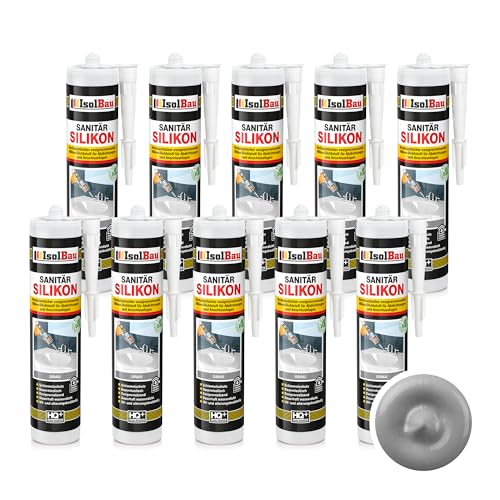 Isolbau Sanitär Silikon 10 x 300 ml Grau - Hochelastischer Silikon-Dichtstoff für Abdichtungen & Fugen – Schimmelresistent, wasserdicht - Kartusche von Isolbau