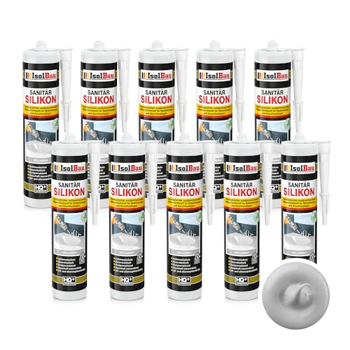 Isolbau Sanitär Silikon 10 x 300 ml Hellgrau - Hochelastischer Silikon-Dichtstoff für Abdichtungen & Fugen – Schimmelresistent, wasserdicht - Kartusche von Isolbau