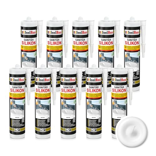 Isolbau Sanitär Silikon 10 x 300 ml Weiß - Hochelastischer Silikon-Dichtstoff für Abdichtungen & Fugen – Schimmelresistent, wasserdicht - Kartusche von Isolbau