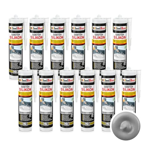 Isolbau Sanitär Silikon 12 x 300 ml Grau - Hochelastischer Silikon-Dichtstoff für Abdichtungen & Fugen – Schimmelresistent, wasserdicht - Kartusche von Isolbau