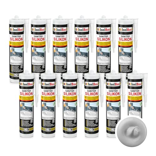 Isolbau Sanitär Silikon 12 x 300 ml Hellgrau - Hochelastischer Silikon-Dichtstoff für Abdichtungen & Fugen – Schimmelresistent, wasserdicht - Kartusche von Isolbau