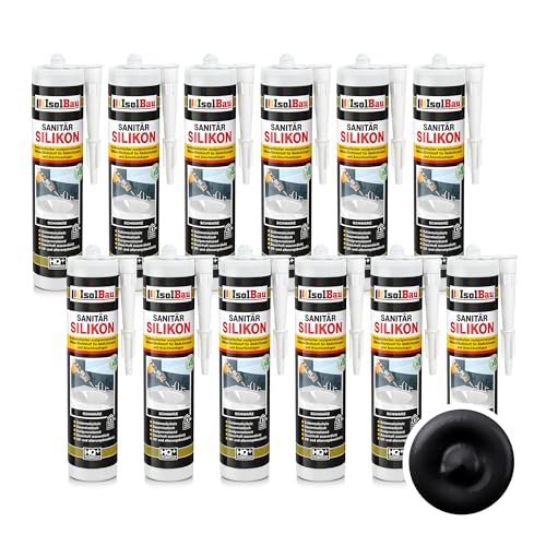 Isolbau Sanitär Silikon 12 x 300 ml Schwarz - Hochelastischer Silikon-Dichtstoff für Abdichtungen & Fugen – Schimmelresistent, wasserdicht - Kartusche von Isolbau