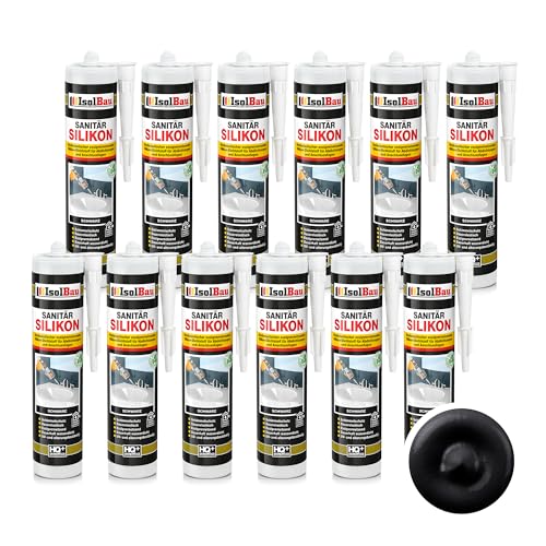 Isolbau Sanitär Silikon 12 x 300 ml Schwarz - Hochelastischer Silikon-Dichtstoff für Abdichtungen & Fugen – Schimmelresistent, wasserdicht - Kartusche von Isolbau