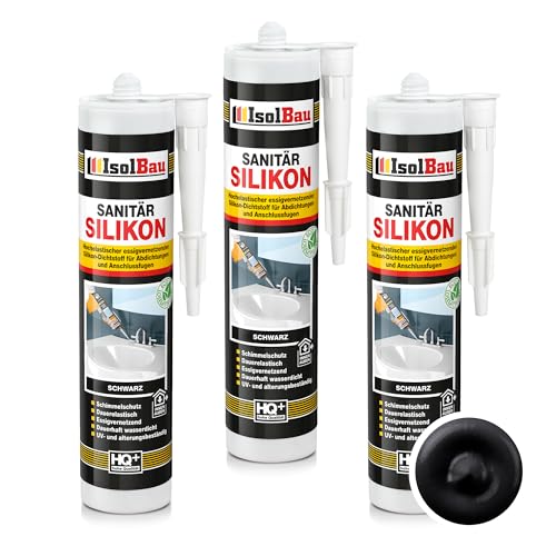 Isolbau Sanitär Silikon 3 x 300 ml Schwarz - Hochelastischer Silikon-Dichtstoff für Abdichtungen & Fugen – Schimmelresistent, wasserdicht - Kartusche von Isolbau