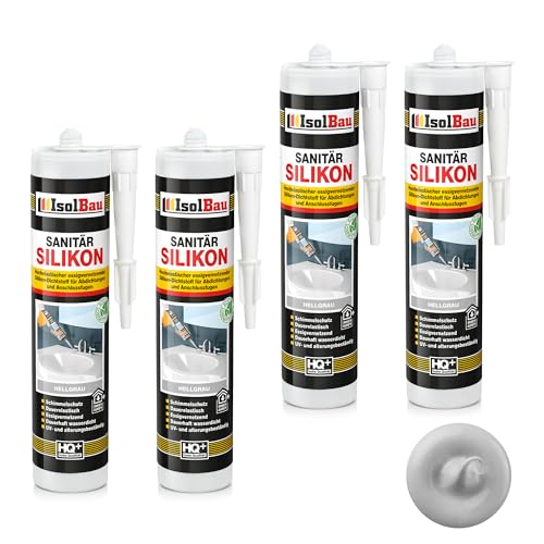 Isolbau Sanitär Silikon 4 x 300 ml Hellgrau - Hochelastischer Silikon-Dichtstoff für Abdichtungen & Fugen – Schimmelresistent, wasserdicht - Kartusche von Isolbau