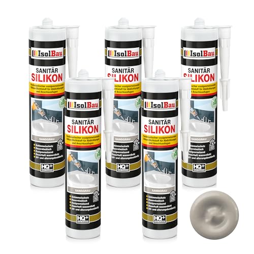 Isolbau Sanitär Silikon 5 x 300 ml Sandgrau - Hochelastischer Silikon-Dichtstoff für Abdichtungen & Fugen – Schimmelresistent, wasserdicht - Kartusche Isolbau Sanitär Silikon 5 x 300 ml Sandgrau - Hochelastischer Silikon-Dichtstoff für Abdichtungen & Fugen – Schimmelresistent, wasserdicht - Kartusche von Isolbau