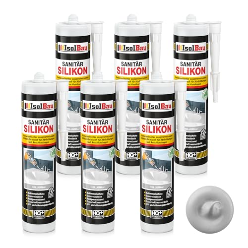 Isolbau Sanitär Silikon 6 x 300 ml Hellgrau - Hochelastischer Silikon-Dichtstoff für Abdichtungen & Fugen – Schimmelresistent, wasserdicht - Kartusche von Isolbau