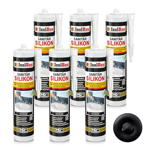 Isolbau Sanitär Silikon 6 x 300 ml Schwarz - Hochelastischer Silikon-Dichtstoff für Abdichtungen & Fugen – Schimmelresistent, wasserdicht - Kartusche von Isolbau