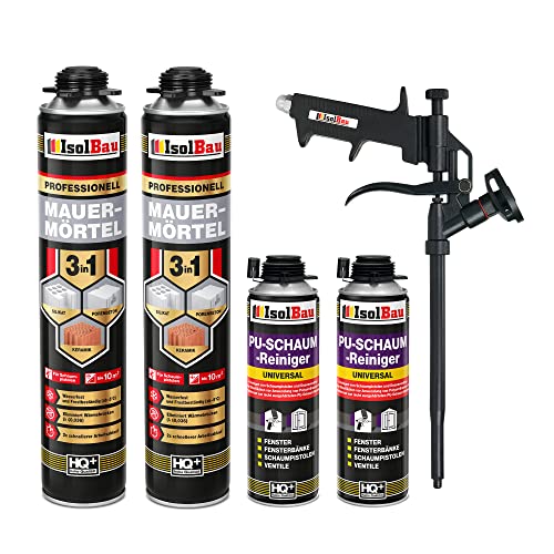 Isolbau Mauermörtel Set: 2x 750 ml PU-Mörtel 2x 500 ml Pistolenreiniger 1x Teflon Schaumpistole, PU-Reiniger, Montageschaum, Pistolenschaum von Isolbau