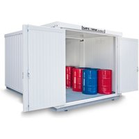SAFE Tank Gefahrstoffcontainer Kombination 2000 WGK 1-3, isoliert, vormontiert, kunststoffbeschichtet RAL 9002, Maße außen 3050x4340x2560 mm, Doppelflügeltür (asymmetrische Teilung), mittig in Stirnseite, Lagerfläche 12 m² von SAFE Tank