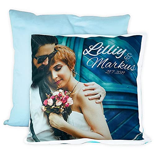 LOOXIS Personalisiertes Kissen mit Foto & Text Bedruckt, selbst gestalten – 40x40 cm, farbige Rückseite, Leinenhaptik – Geschenkidee Männer, Frauen, Jahrestag, Geburtstag, Einzug – Gletscherblau von LOOXIS