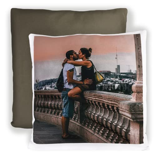 LOOXIS Personalisiertes Kissen mit Foto & Text Bedruckt, selbst gestalten – 40x40 cm, farbige Rückseite, Leinenhaptik – Geschenkidee Männer, Frauen, Jahrestag, Geburtstag, Einzug – Mokkagrau von LOOXIS