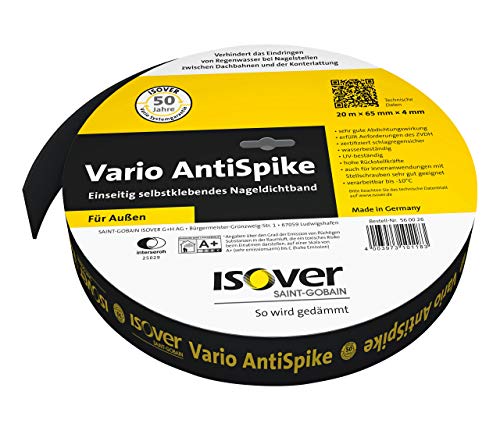 Isover 560062 Vario AntiSpike 20 m Rolle, Einseitig selbstklebendes Nageldichtband für außen, schwarz von Isover