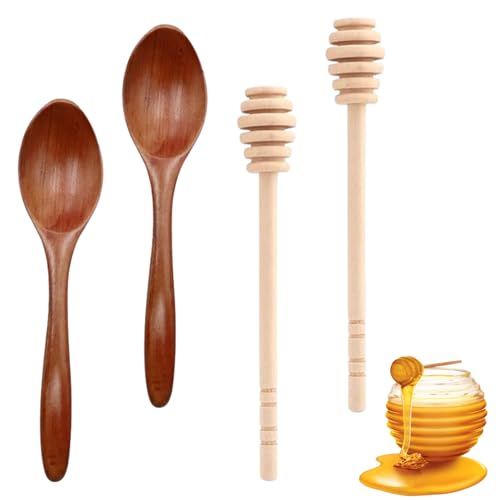 Issimober 4 Stück Honigrührer Honiglöffel, 14 cm Honiglöffel aus Holz, 15 cm Honigheber Honigspirale Dosierer von Honig und Sirup tropf, Honigstab Rührstäbchen, Honigspirale Honey Sticks (2+2, Braun) von Issimober