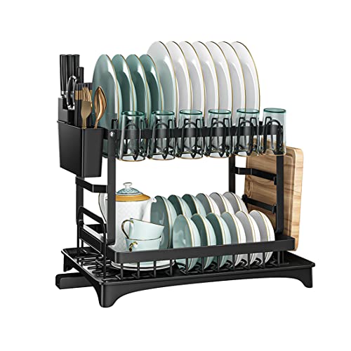 Isyunen Abtropfgestell mit 2 Etagen aus Stahl, rostfrei, mit abnehmbarem Tablett für Spülbecken und Getränkehalter, Schneidebretthalter, für Küche und Arbeitsplatte von Isyunen