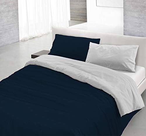 Italian Bed Linen Natural Color Doubleface Bettbezug, 100% Baumwolle, dunkel Blau/hell Grau, kleine Doppelte von Italian Bed Linen