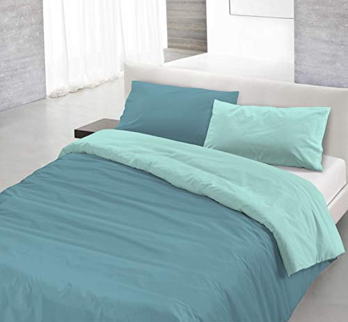 Italian Bed Linen Natural Color Doubleface Bettbezug, 100% Baumwolle, Wasser grün/hell Grau, kleine Doppelte von Italian Bed Linen