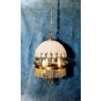 Kronleuchter 1950 Circa Glasschliff Mit Perlrand, 3-Flammig, Wohnaccessoire, Vintage, Antik von ItalianDecor