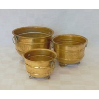 3-Teiliges Set Messing Schalen Handgemeißelt Verzierte Blumentöpfe Unter Pflanze Übertopf Rustikales Dekor Außentür Landhaus von ItalyVintageDream